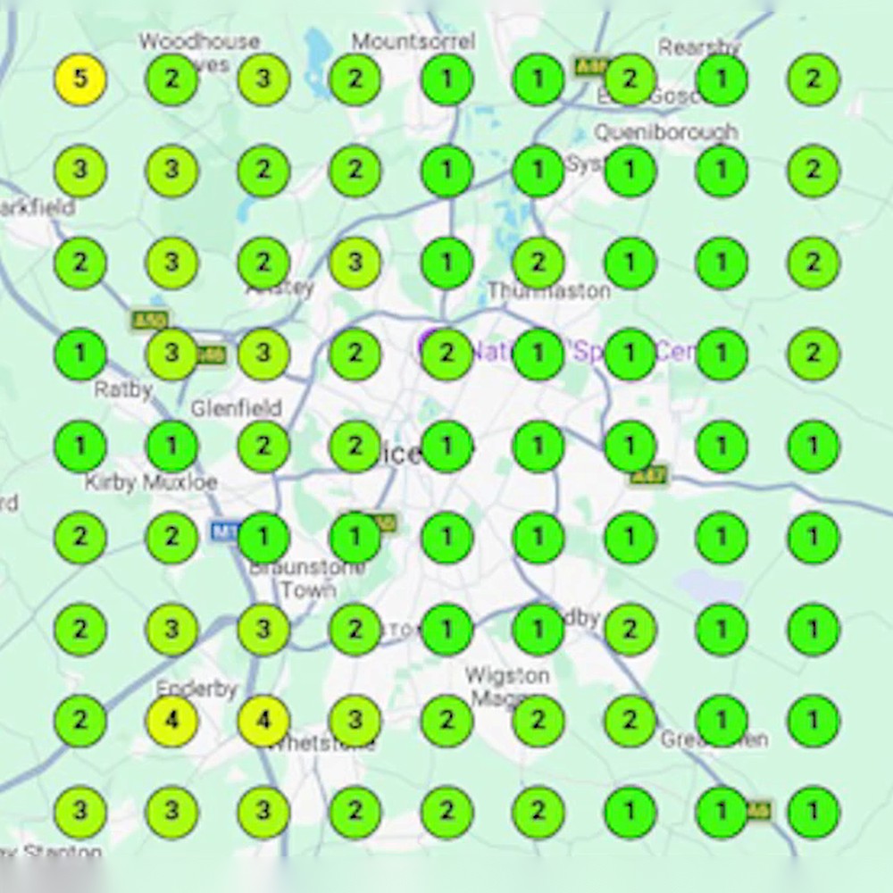 Rank grid showing green 1 to 3 markers across the whole area